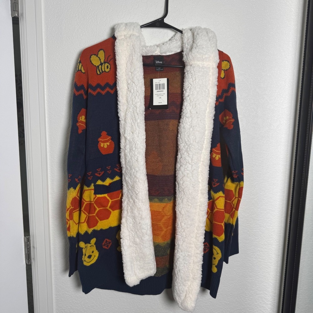Disney Winnie the Pooh Sherpa Cardigan Women Large Navy Blue Hooded Ears NWT